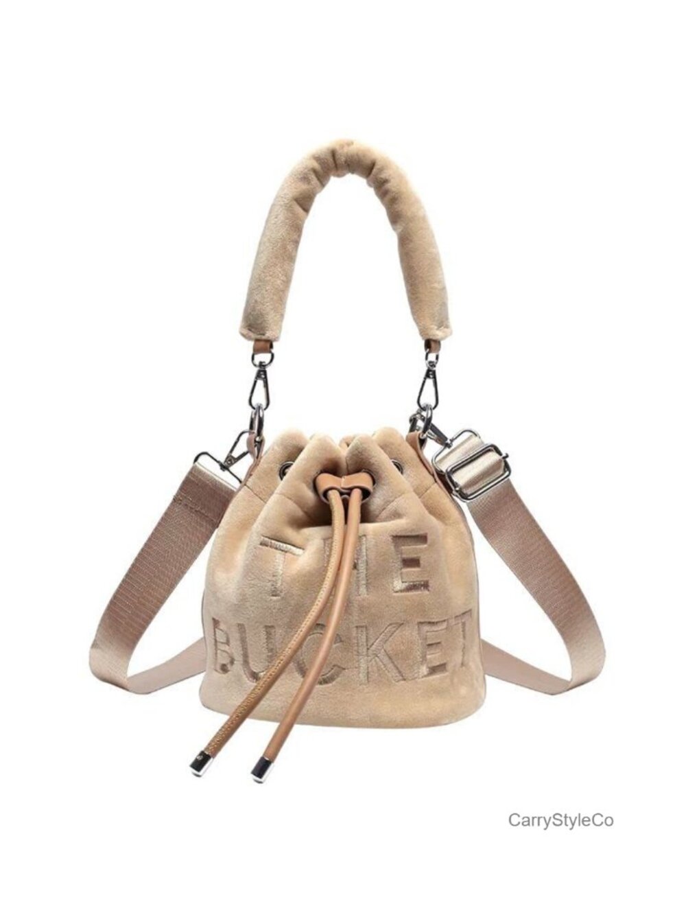 Velvet Mini Bucket Bag Drawstring Crossbody Detachable Strap Women
